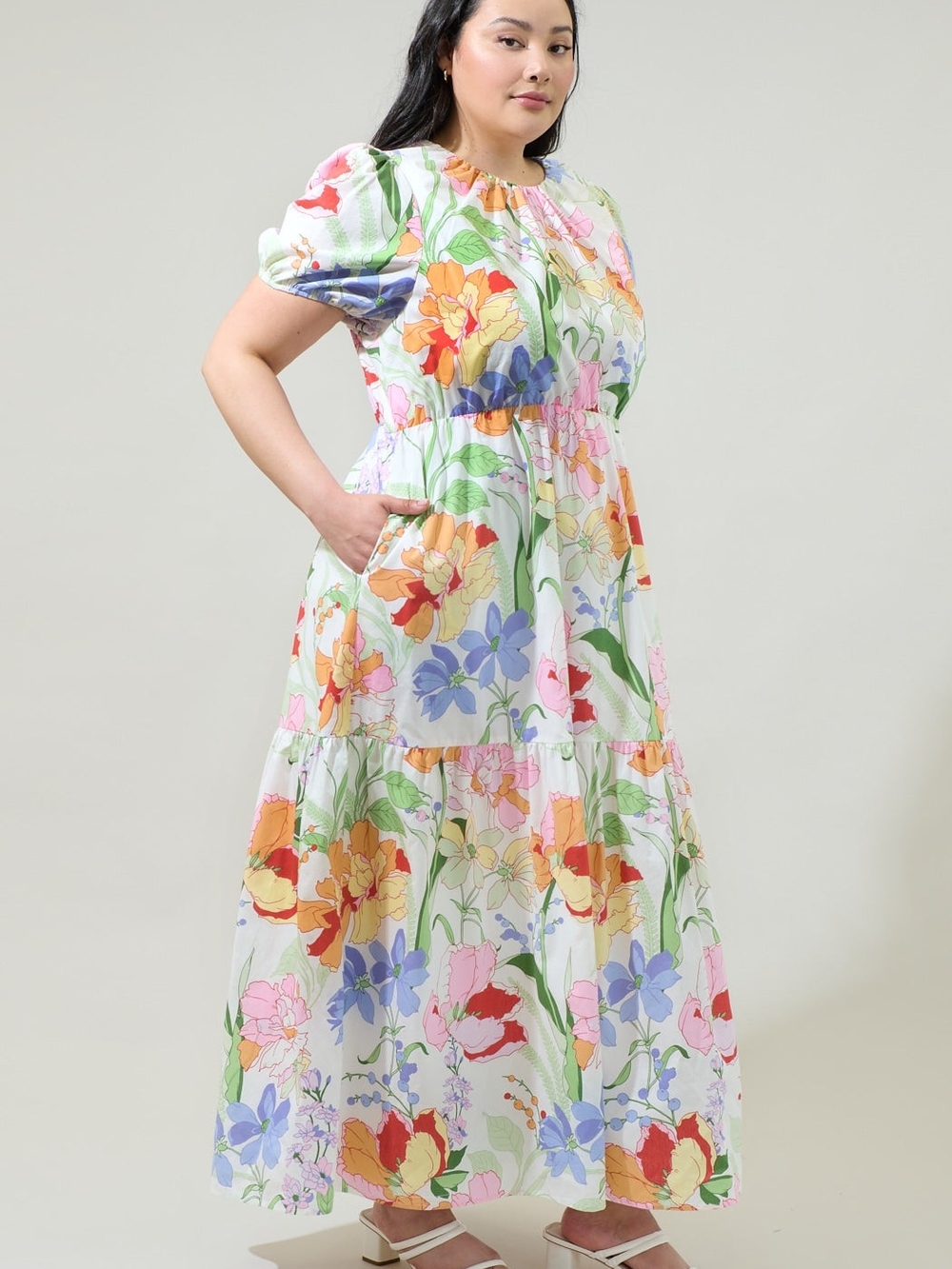 NWT Sugarlips Juliet Floral Tiered Maxi Dress White Multi 1X - Picture 4 of 6